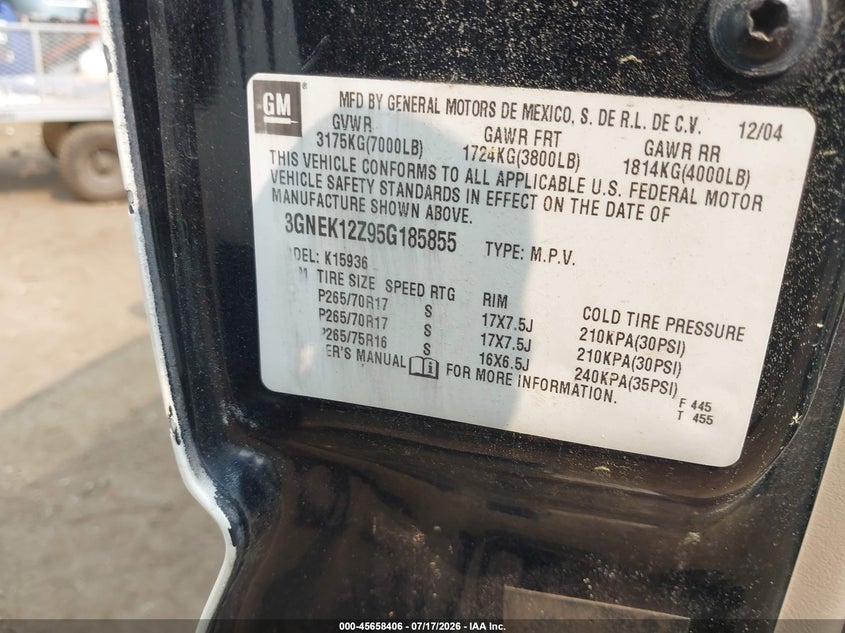 2005 Chevrolet Avalanche 1500 Z71 VIN: 3GNEK12Z95G185855 Lot: 45658406