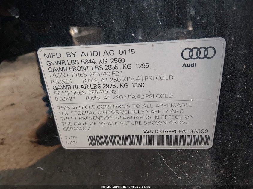 2015 Audi Sq5 3.0T Premium Plus VIN: WA1CGAFP0FA136399 Lot: 45658410