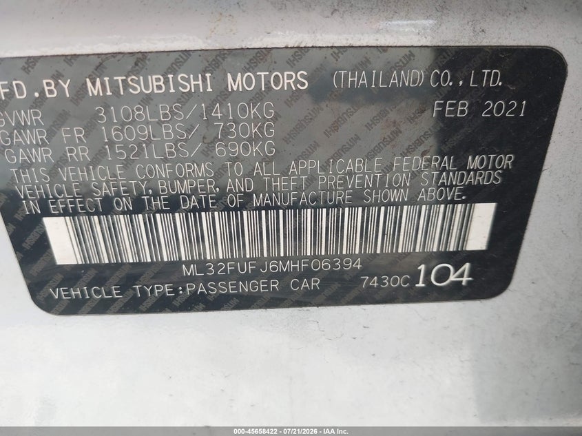 2021 Mitsubishi Mirage G4 Es VIN: ML32FUFJ6MHF06394 Lot: 45658422