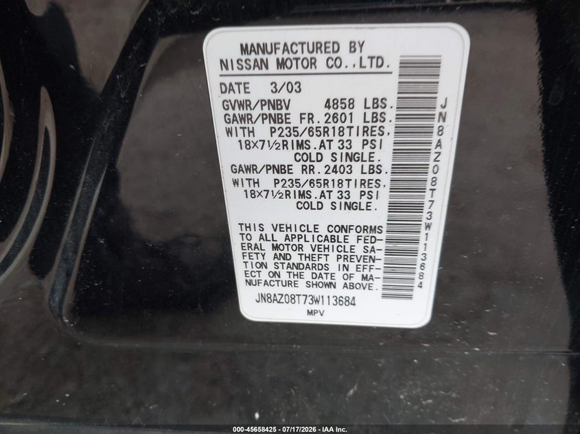 2003 Nissan Murano Se VIN: JN8AZ08T73W113684 Lot: 45658425