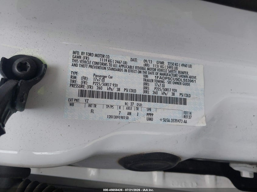 2013 Ford C-Max Energi Sel VIN: 1FADP5CU9DL553961 Lot: 45658426