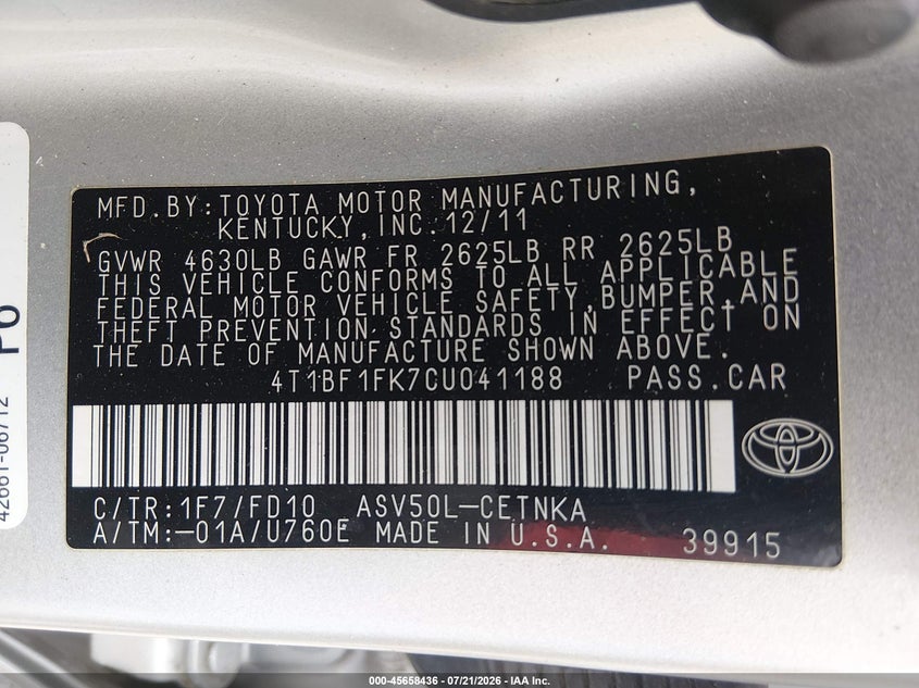 2012 Toyota Camry Le VIN: 4T1BF1FK7CU041188 Lot: 45658436
