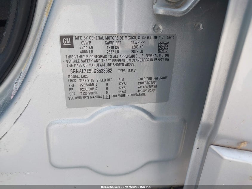 2012 Chevrolet Captiva Sport Lt VIN: 3GNAL3E50CS533682 Lot: 45658439