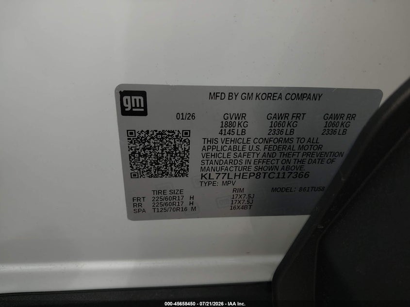 2026 Chevrolet Trax Fwd Lt VIN: KL77LHEP8TC117366 Lot: 45658450