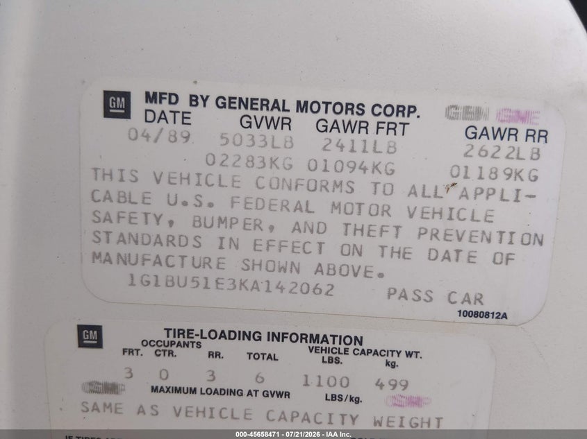 1989 Chevrolet Caprice Classic Brougham VIN: 1G1BU51E3KA142062 Lot: 45658471