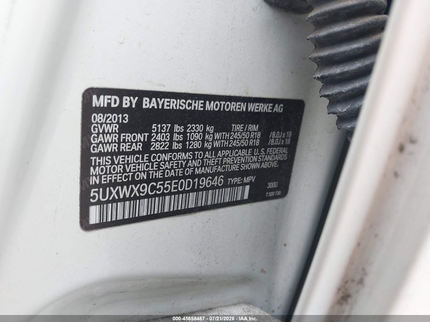 2014 BMW X3 xDrive28I VIN: 5UXWX9C55E0D19646 Lot: 45658487
