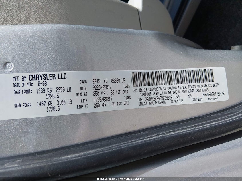 2008 Chrysler Town & Country Touring VIN: 2A8HR54P48R829628 Lot: 45658501