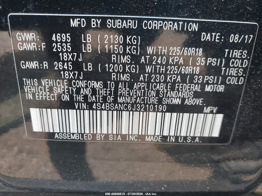 2018 Subaru Outback 2.5I Limited VIN: 4S4BSANC6J3210190 Lot: 45658518