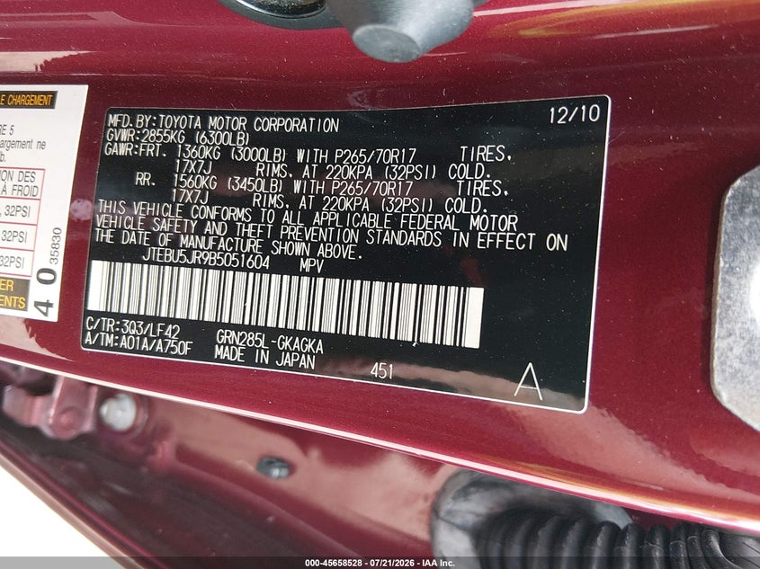 2011 Toyota 4Runner Sr5 V6 VIN: JTEBU5JR9B5051604 Lot: 45658528