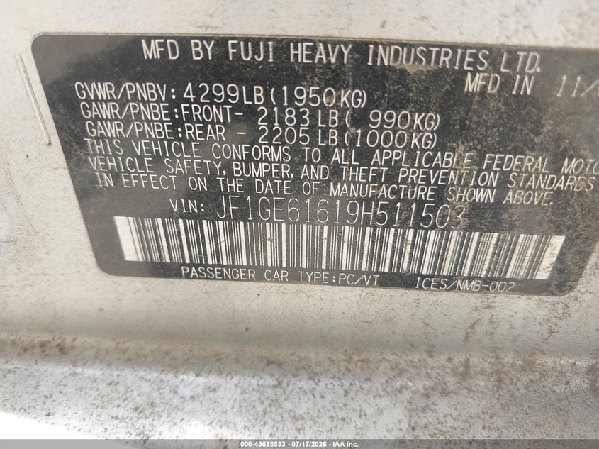 2009 Subaru Impreza 2.5I VIN: JF1GE61619H511503 Lot: 45658533