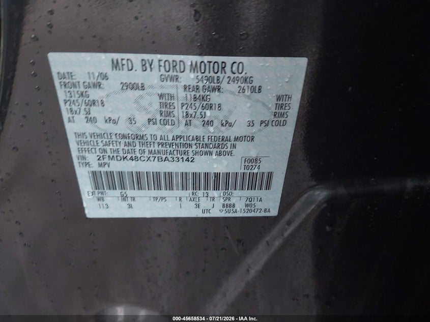 2007 Ford Edge Sel VIN: 2FMDK48CX7BA33142 Lot: 45658534