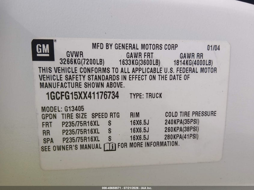 2004 Chevrolet Express VIN: 1GCFG15XX41176734 Lot: 45658571