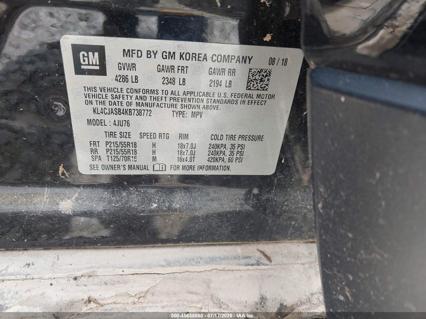 2019 Buick Encore Fwd Preferred VIN: KL4CJASB4KB738772 Lot: 45658580