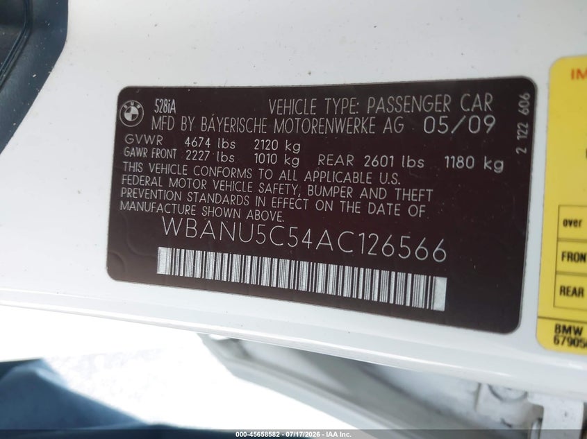 2010 BMW 528I VIN: WBANU5C54AC126566 Lot: 45658582