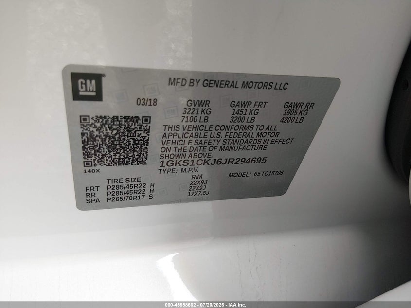2018 GMC Yukon Denali VIN: 1GKS1CKJ6JR294695 Lot: 45658602