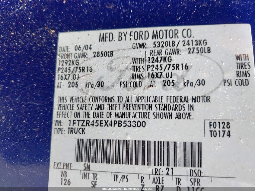 2004 Ford Ranger Edge/Tremor/Xlt VIN: 1FTZR45EX4PB53300 Lot: 45658626