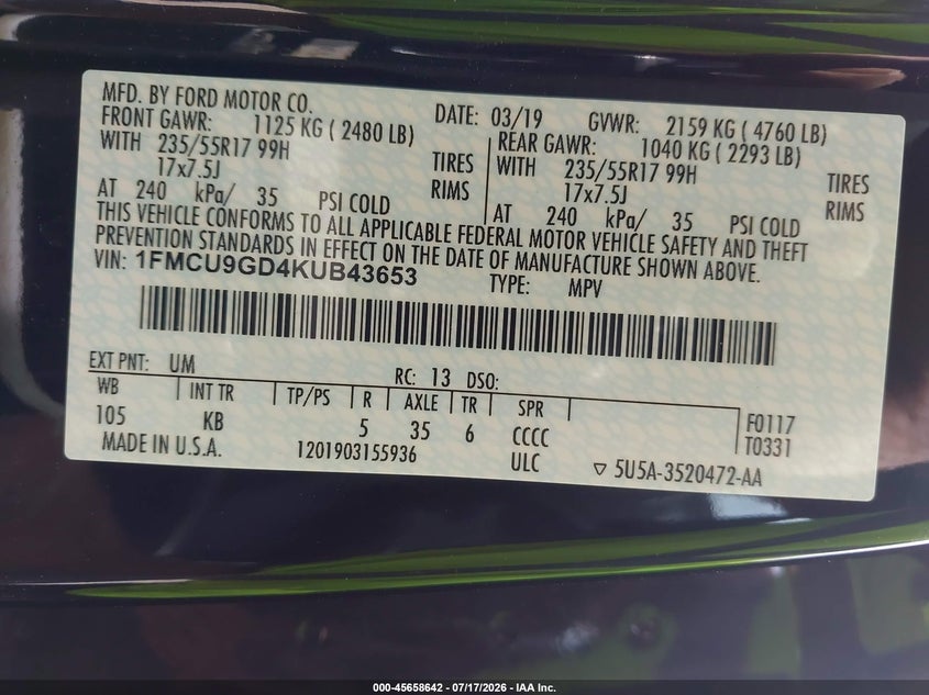 2019 Ford Escape Se VIN: 1FMCU9GD4KUB43653 Lot: 45658642