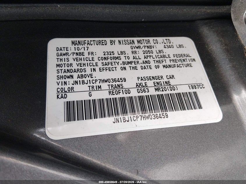 2017 Nissan Rogue Sport S VIN: JN1BJ1CP7HW036459 Lot: 45658649