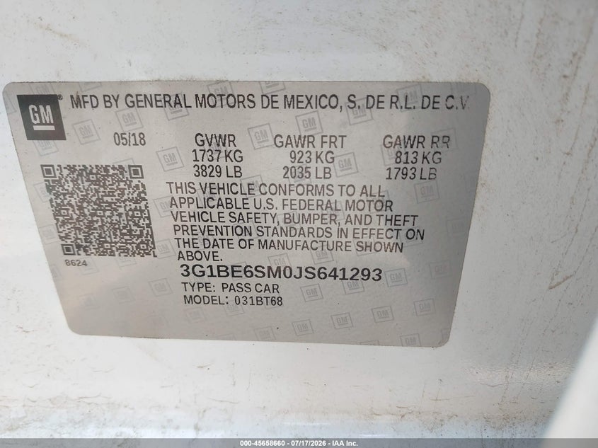 2018 Chevrolet Cruze Lt Auto VIN: 3G1BE6SM0JS641293 Lot: 45658660