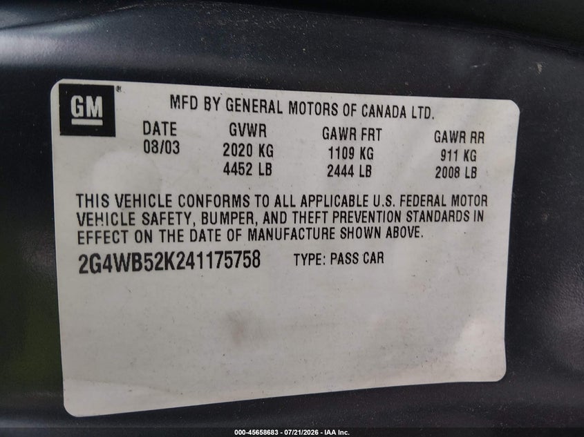 2004 Buick Regal Ls VIN: 2G4WB52K241175758 Lot: 45658683