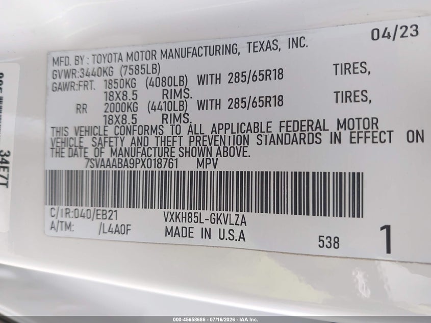 2023 Toyota Sequoia Capstone VIN: 7SVAAABA9PX018761 Lot: 45658686