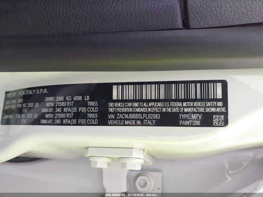 2020 Jeep Renegade Altitude 4X4 VIN: ZACNJBBB5LPL92983 Lot: 45658702