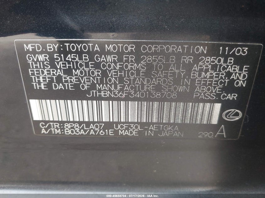 2004 Lexus Ls 430 VIN: JTHBN36F340138708 Lot: 45658704