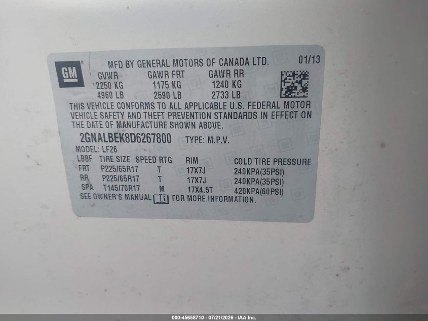 2013 Chevrolet Equinox Ls VIN: 2GNALBEK8D6267800 Lot: 45658710