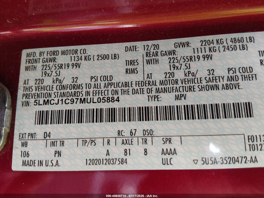 2021 Lincoln Corsair Standard VIN: 5LMCJ1C97MUL05884 Lot: 45658714