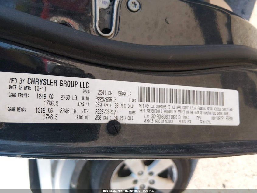 2012 Dodge Journey Sxt VIN: 3C4PDDBG6CT187613 Lot: 45658794