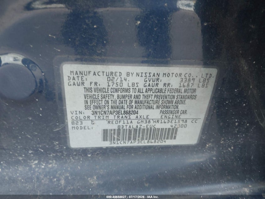 2014 Nissan Versa 1.6 S+ VIN: 3N1CN7AP3EL868204 Lot: 45658827