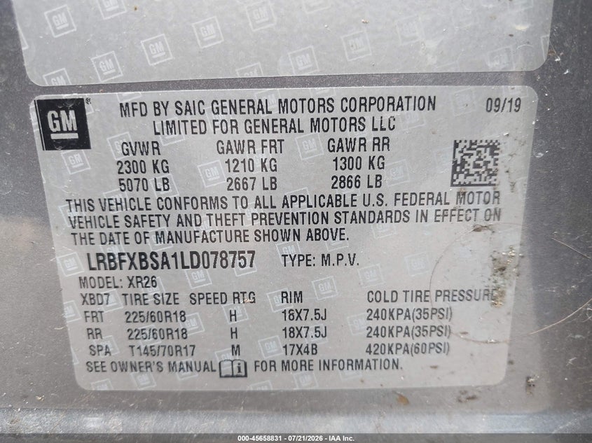 2020 Buick Envision Fwd Preferred VIN: LRBFXBSA1LD078757 Lot: 45658831