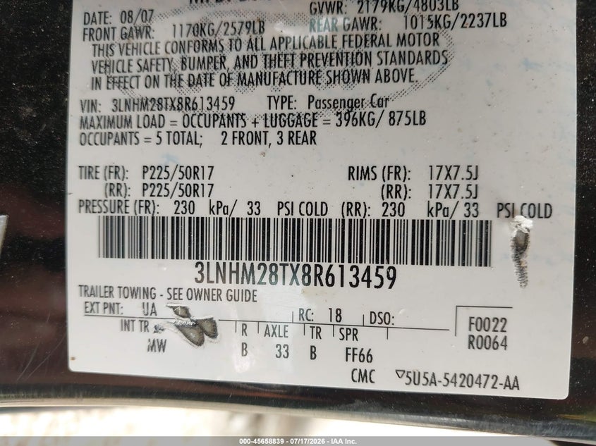 2008 Lincoln Mkz VIN: 3LNHM28TX8R613459 Lot: 45658839