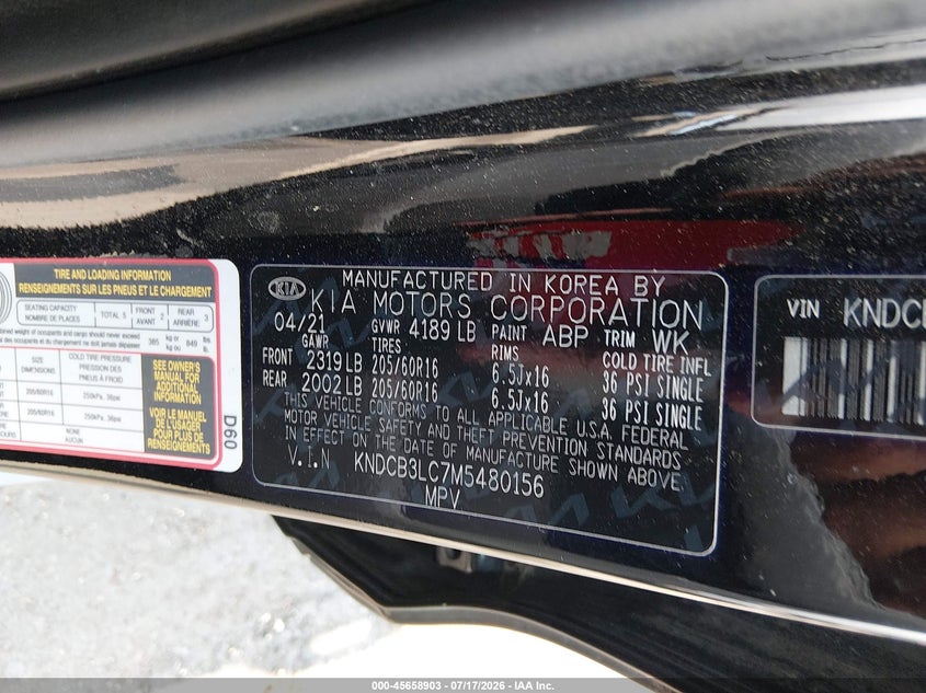 2021 Kia Niro Lxs VIN: KNDCB3LC7M5480156 Lot: 45658903