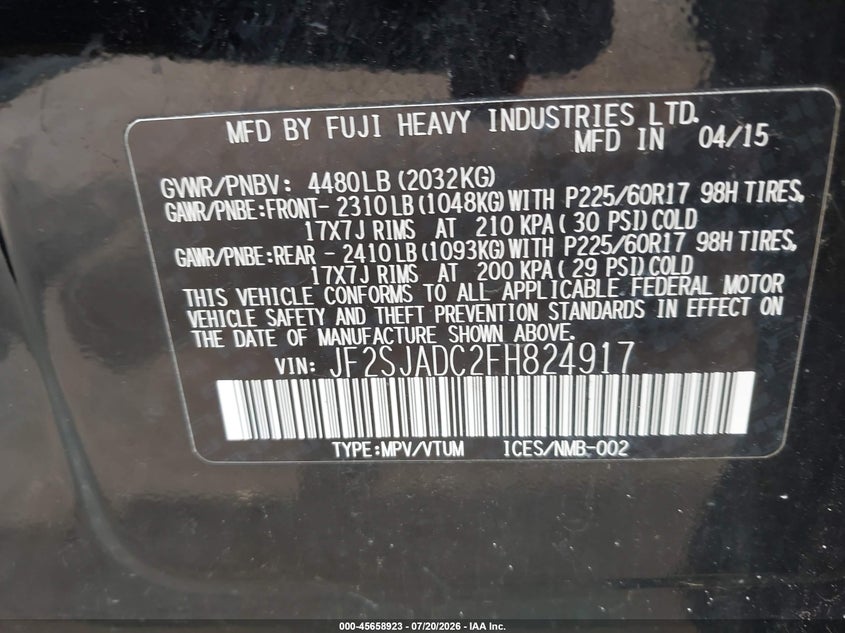 2015 Subaru Forester 2.5I Premium VIN: JF2SJADC2FH824917 Lot: 45658923