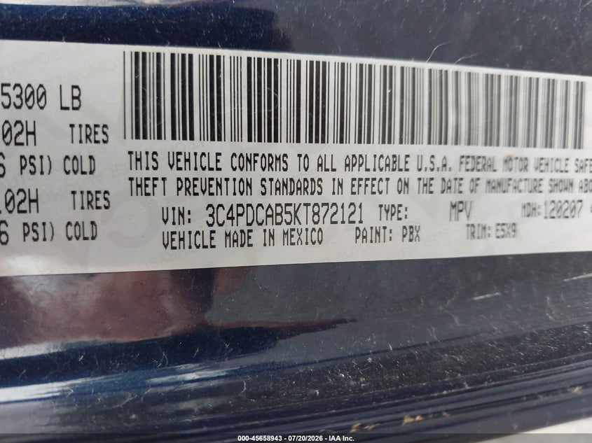 2019 Dodge Journey Se Value Package VIN: 3C4PDCAB5KT872121 Lot: 45658943