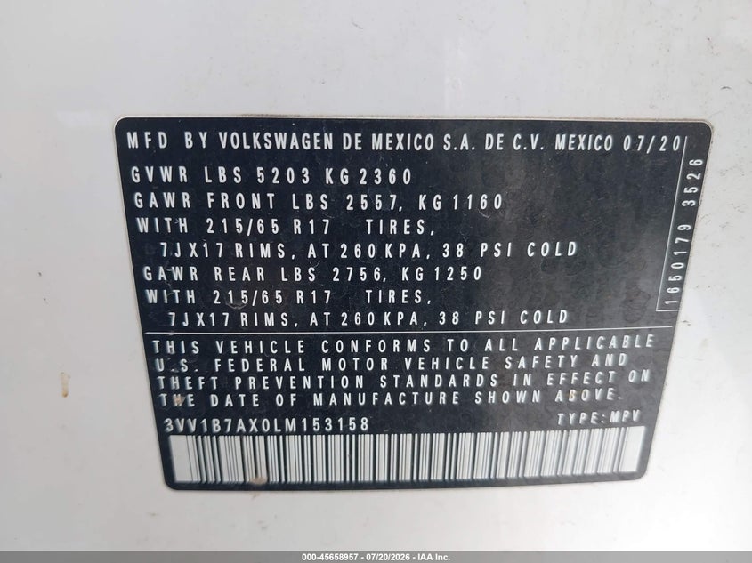 2020 Volkswagen Tiguan 2.0T S VIN: 3VV1B7AX0LM153158 Lot: 45658957