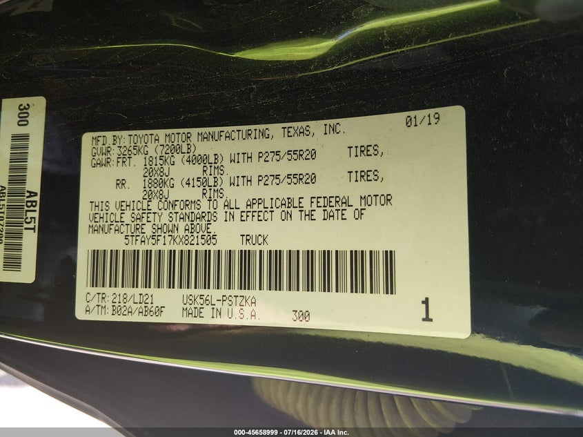 2019 Toyota Tundra 1794 5.7L V8 VIN: 5TFAY5F17KX821505 Lot: 45658999