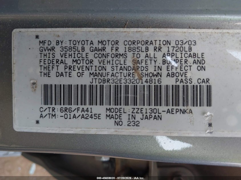 2003 Toyota Corolla Le VIN: JTDBR32E332014816 Lot: 45659020