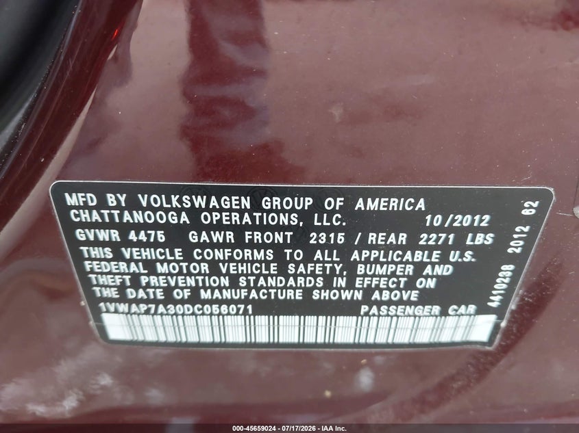 2013 Volkswagen Passat 2.5L S VIN: 1VWAP7A30DC056071 Lot: 45659024