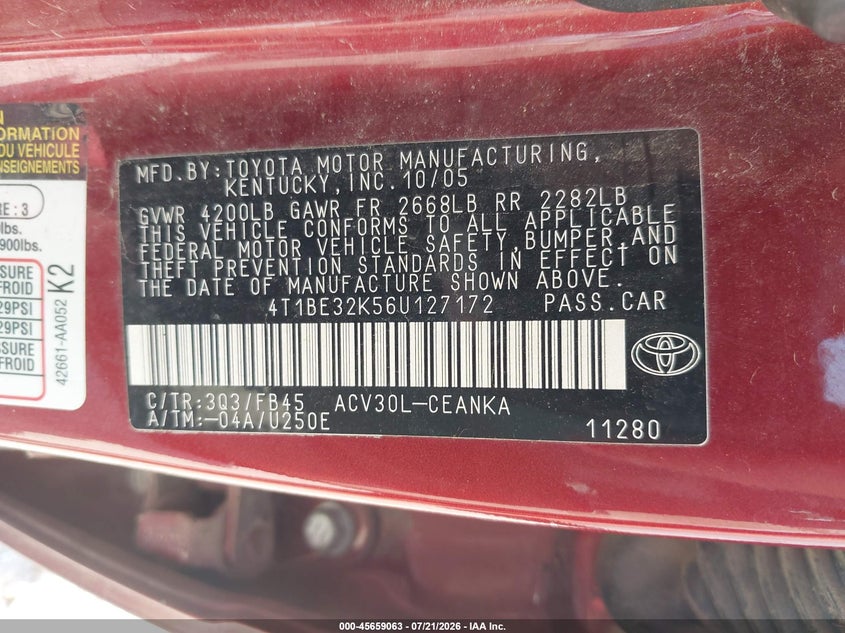 2006 Toyota Camry Le VIN: 4T1BE32K56U127172 Lot: 45659063