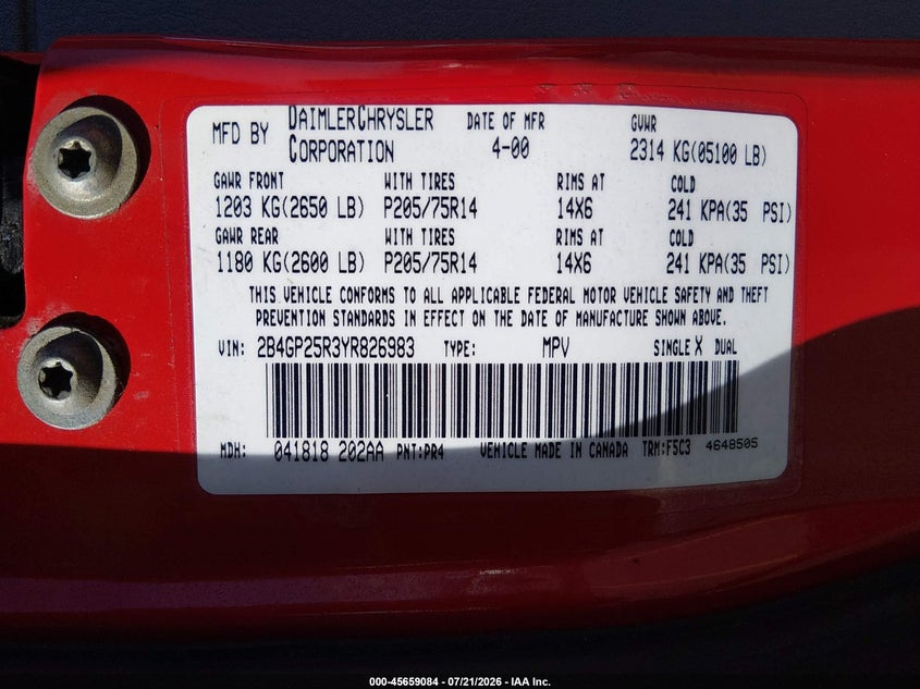 2000 Dodge Caravan VIN: 2B4GP25R3YR826983 Lot: 45659084