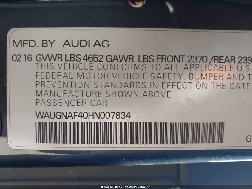 2017 Audi A4 Premium VIN: WAUGNAF40HN007834 Lot: 45659097