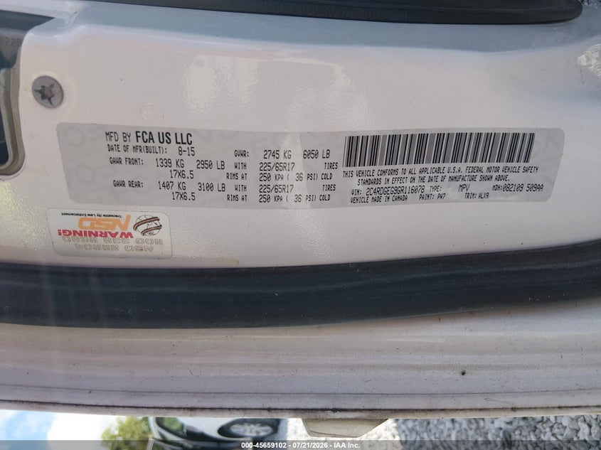 2016 Dodge Grand Caravan R/T VIN: 2C4RDGEG9GR116078 Lot: 45659102