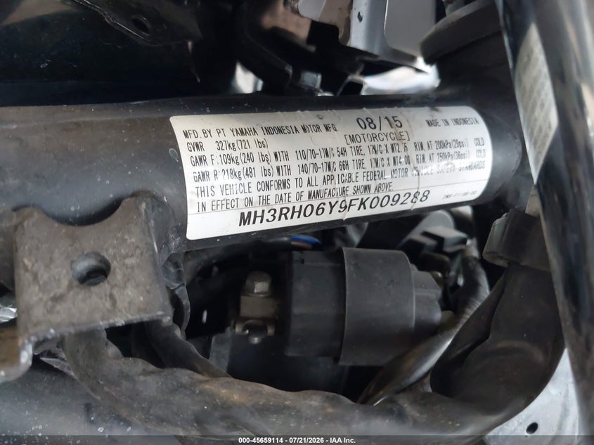 2015 Yamaha Yzfr3 VIN: MH3RH06Y9FK009288 Lot: 45659114