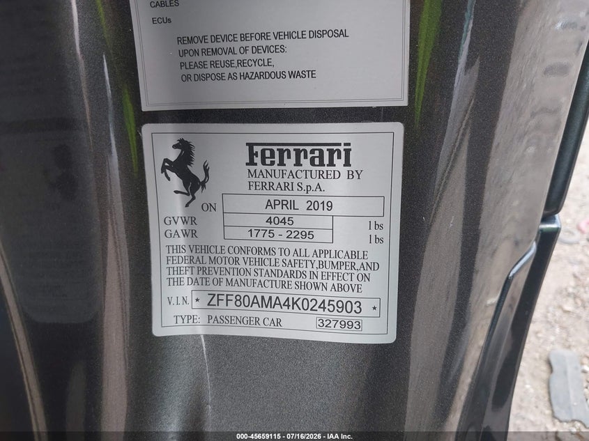 2019 Ferrari 488 Spider VIN: ZFF80AMA4K0245903 Lot: 45659115