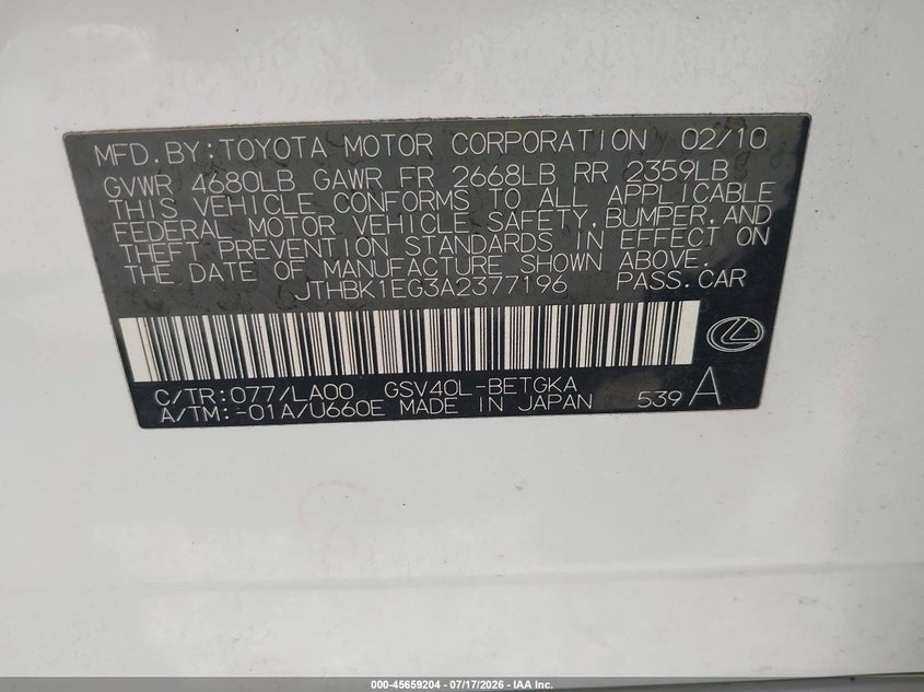 2010 Lexus Es 350 VIN: JTHBK1EG3A2377196 Lot: 45659204