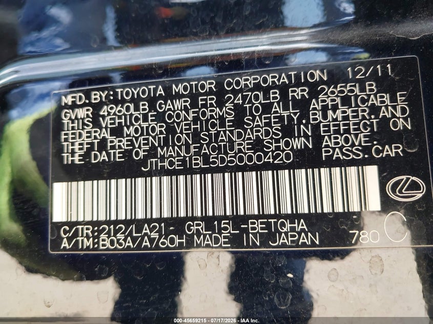 2013 Lexus Gs 350 VIN: JTHCE1BL5D5000420 Lot: 45659215