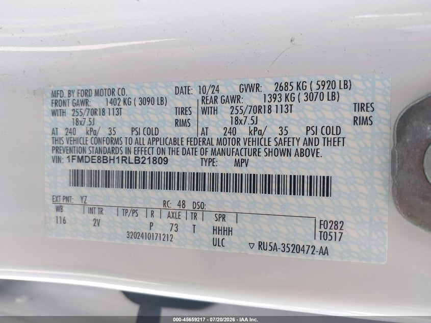 2024 Ford Bronco Outer Banks VIN: 1FMDE8BH1RLB21809 Lot: 45659217
