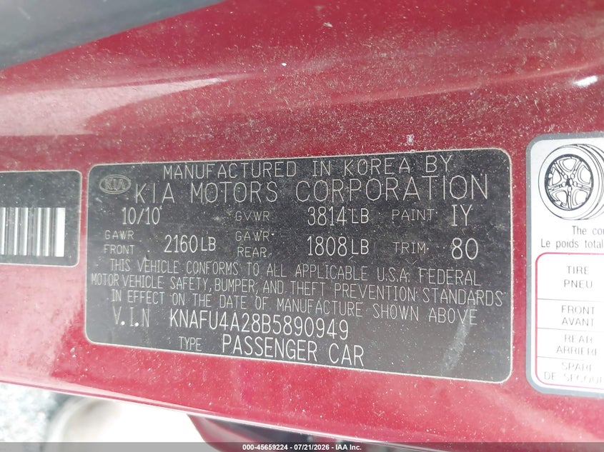 2011 Kia Forte Ex VIN: KNAFU4A28B5890949 Lot: 45659224